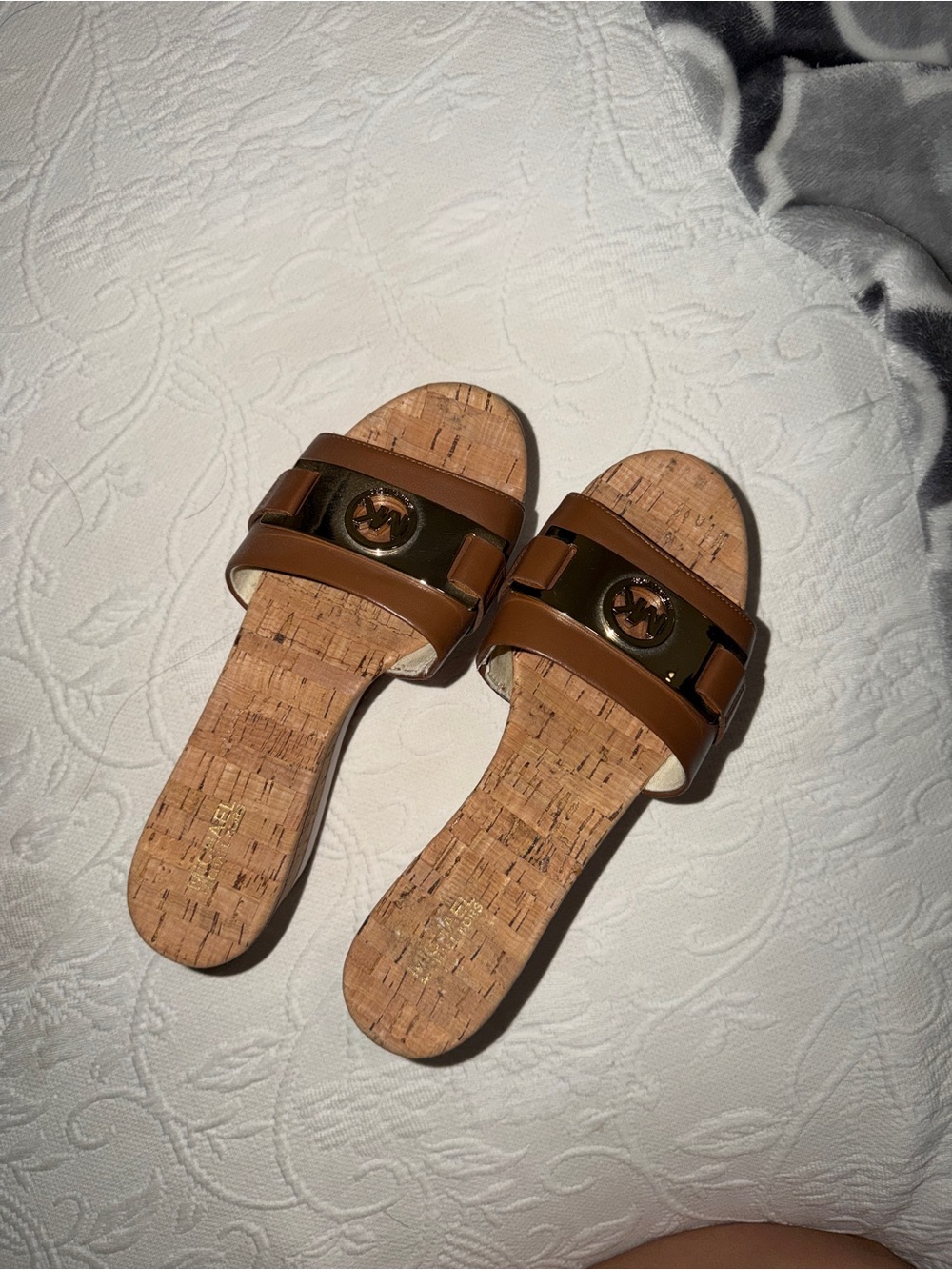 Michael Kors Brown Cork Slide Sandals with Gold Logo